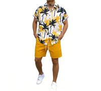 Generisch Chándal para hombre con estampado de palmeras, camisa hawaiana y pantalones cortos monocromáticos de dos piezas con botones, traje de ocio para verano, playa, transpirable, camiseta y
