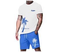 Generisch Chándal para hombre de verano de manga corta, traje deportivo vintage, traje de casa ligero, cuello redondo, traje de ocio, 2 piezas, traje de coco, estampado de árbol de coco, ropa de calle