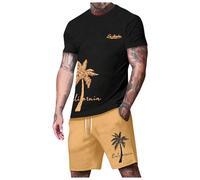 Generisch Chándal para hombre, traje de ocio bicolor con estampado de coco, traje de verano Hawaii, cuello redondo, camiseta de manga corta, cintura elástica, pantalones cortos deportivos, ligero
