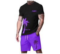 Generisch Chándal para hombre, traje de ocio bicolor con estampado de coco, traje de verano Hawaii, cuello redondo, camiseta de manga corta, cintura elástica, pantalones cortos deportivos, ligero