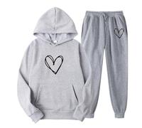 Generisch Chándal para mujer, chándal con estampado de corazón, traje deportivo con capucha, pantalones deportivos de 2 piezas, para mujer, traje de ocio con capucha, suéter de manga larga monocolor