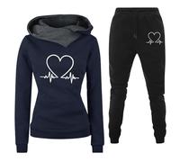 Generisch Chándal para mujer, traje de chándal de dos piezas para mujer, traje deportivo con estampado Heartbeat con capucha, pantalones de jogging, sudadera, pantalones de dos piezas, informal