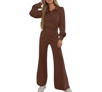 Generisch Chándales para mujer, juego de dos piezas para mujer, cremallera 1/4, camiseta de manga larga, cintura alta, pantalones de ocio, ropa de salón, 2 piezas, Y2K Streetwear, café, XL