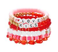 Generisch chapado en acero amante de los anillos del día pulsera Set For Women Love Heart Stackable Charm Pulseras Clay Bead Pulsera Holiday Accessories Jewelry Junco Hombres Pulsera Inoxidable Cuarzo