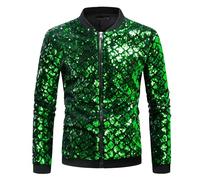 Generisch Chaqueta brillante para hombre con lentejuelas, chaqueta de discoteca metálica, con cremallera, chaqueta bomber de los años 80, chaqueta brillante, disfraz de carnaval, verde, XXL
