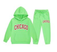 Generisch Chaqueta con capucha ligera para niña, manga larga, con estampado de letras, con pantalones largos, conjunto para (verde claro, 10-11 años)