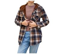 Generisch Chaqueta corta a cuadros de las mujeres manga larga abotonada forro polar abrigo con capucha para mayor calidez, marine, XL