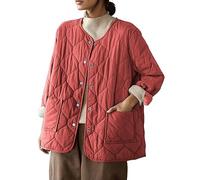 Generisch Chaqueta de algodón liso para mujer, cuello redondo, botón de metal simple, abrigo ligero de talla grande, Rojo sandía, XXL