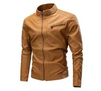 Generisch Chaqueta de cuero para hombre vintage: chaqueta de piel sintética de gran tamaño chaqueta de moto con cuello alto chaqueta bomber de color liso chaqueta motero suave chaqueta para exteriores