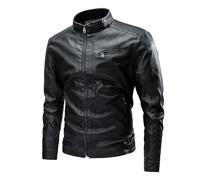 Generisch Chaqueta de cuero para hombre vintage: chaqueta de piel sintética de gran tamaño chaqueta de moto con cuello alto chaqueta bomber de color liso chaqueta motero suave chaqueta para exteriores