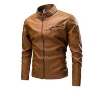 Generisch Chaqueta de cuero para hombre vintage: chaqueta de piel sintética de gran tamaño chaqueta de moto con cuello alto chaqueta bomber de color liso chaqueta motero suave chaqueta para exteriores