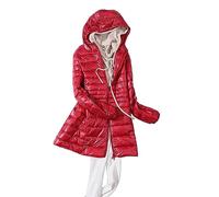 Generisch Chaqueta de equitación de color liso de longitud media para mujer, con cordón, corte estrecho, ropa exterior, abrigo de piel sintética para mujer, rojo, M