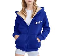 Generisch Chaqueta de forro polar de invierno con capucha para niñas con estampado, cremallera, ropa exterior acogedora para juegos activos y excursiones de ocio, azul, 110