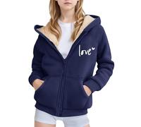 Generisch Chaqueta de forro polar de invierno con capucha para niñas con estampado, cremallera, ropa exterior acogedora para juegos activos y excursiones de ocio, azul oscuro, 170