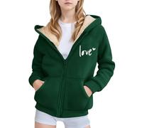 Generisch Chaqueta de forro polar de invierno con capucha para niñas con estampado, cremallera, ropa exterior acogedora para juegos activos y excursiones de ocio, Verde oscuro., 130