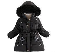 Generisch Chaqueta de invierno negra para niñas, abrigos de invierno, chaquetas de forro polar con capucha de piel sintética, ropa de invierno para mujer 46, Negro , 8-10 años