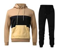 Generisch Chaqueta de invierno para hombre, forro polar con cordón, color block con bolsillos, sudadera con capucha, conjunto de dos piezas, caqui, 3XL
