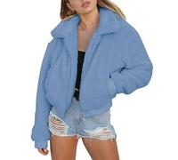 Generisch Chaqueta de invierno para mujer, cálida, corta, de forro polar, sin capucha, elegante, monocolor, con bolsillos y cremallera, sudadera mullida, Azul138, M