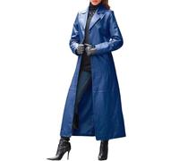 Generisch Chaqueta de invierno para mujer de piel sintética con botones maxi, gabardina larga, chaqueta de moto de longitud completa, azul, S