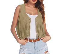 Generisch Chaqueta de invierno para mujer, gabardina informal, chaleco con flecos, chaleco frontal abierto, chaleco sin mangas, estilo hippie, estilo bohemio, chaqueta occidental, marrón, XL