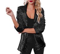 Generisch Chaqueta de lentejuelas para mujer, elegante, brillante, fiesta, manga larga, para ocasiones festivas, cenas, Negro , XL