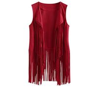 Generisch Chaqueta de peluche para mujer, de ante de invierno, étnica, sin mangas, borlas, flecos, chaleco, cárdigan, rojo, 3XL