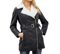Generisch Chaqueta de piel para mujer forrada - Chaqueta de forro polar con solapa, chaqueta de invierno de manga larga, chaqueta de felpa de longitud media, chaqueta térmica acogedora con cremallera