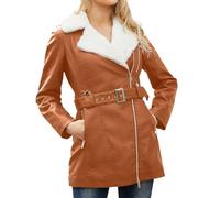 Generisch Chaqueta de piel para mujer forrada - Chaqueta de forro polar con solapa, chaqueta de invierno de manga larga, chaqueta de felpa de longitud media, chaqueta térmica acogedora con cremallera