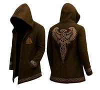Generisch Chaqueta de punto de mujer de longitud media vikinga con capucha, chaqueta de moto medieval, mitología nórdica, tatuaje, capa 3D Odin estampada, chaqueta de motorista, vintage, sudadera