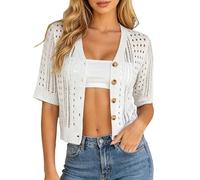 Generisch Chaqueta de punto ligera para mujer con mangas con patrón calado, ideal para capas en climas cálidos, perfecto para el día a día, compañero de oficina, Blanco, S