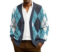 Generisch Chaqueta de punto para hombre con botones, punto acanalado, cuello en V, estampado a cuadros, chaqueta de invierno clásica con frente abierto, S-5XL, 01-azul cielo., 5XL