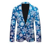 Generisch Chaqueta de traje para hombre con estampado festivo de Papá Noel, copos de nieve, elegante solapa de bolsillo y tira de botones clásica, azul, S