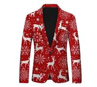 Generisch Chaqueta de traje para hombre con estampado festivo de Papá Noel, copos de nieve, elegante solapa de bolsillo y tira de botones clásica, rojo, M
