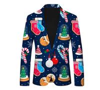 Generisch Chaqueta para hombre con diseño de copos de nieve, estampado de Papá Noel, elegante chaqueta de traje con solapa de bolsillo, tira de botones, elegante moda de negocios para ocasiones