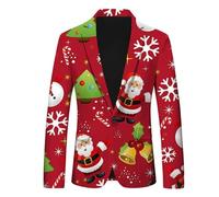 Generisch Chaqueta para hombre con diseño de copos de nieve, estampado de Papá Noel, elegante chaqueta de traje con solapa de bolsillo, tira de botones, elegante moda de negocios para ocasiones