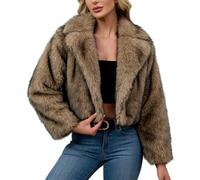 Generisch Chaqueta sintética de lujo, abrigo corto cálido de invierno con cuello, elegante, holgado, estilo cárdigan, para otoño y clima frío, caqui, L