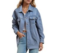 Generisch Chaqueta vaquera para mujer, chaqueta de entretiempo de gran tamaño, abrigo vaquero con botones, cuello hacia abajo, manga larga, suelto, medio, largo, chaqueta de verano, chaqueta vintage