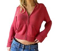 Generisch Chaquetas de forro polar para mujer Abrigos - Cremallera de manga larga Crop Tops con capucha de punto acanalado Chaqueta con capucha Cropped Sudadera atractiva para mujer, rojo, M