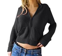 Generisch Chaquetas de forro polar para mujer Abrigos - Cremallera de manga larga Crop Tops con capucha de punto acanalado Chaqueta con capucha Cropped Sudadera atractiva para mujer, Negro , S