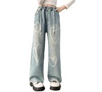Generisch Children's Love Heart Pants Spring and Autumn Wear 2024 Middle and Large Children's Versatile Jeans Thin Fashionable Wide Leg Pants Baby Mädchen Hosen 56, azul, 12-13 Jahr