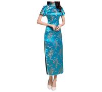 Generisch Chino Tradicional Cheongsam Qipao Vestido Mujer Bordado Manga Corta Largo Largo Elegante Fiesta Moda Nocturna, azul celeste, XXL