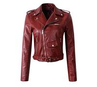 Generisch Chubasquero para mujer, abrigos chaqueta The Belt Fashion Piel Sintética Cool Zipper Decoración Chaqueta estilo carrera Biker Abrigo Business Mujer, Vino, XL
