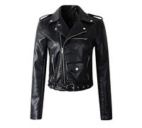 Generisch Chubasquero para mujer, chaqueta de moda The Belt Fashion piel sintética Cool Zipper decoración chaquetas estilo carrera chaqueta de motorista abrigos mujer, Negro , M