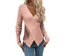 Generisch Con cuello en V, manga larga, monocolor, jersey, camiseta de punto para mujer, top con purpurina, Rosa., S