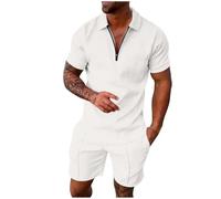 Generisch Conjunto casual de hombre con estampado a rayas camisa de manga corta de dos piezas con cremallera bolsillo con cordón, Blanco, XXL