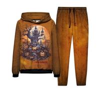 Generisch Conjunto de 2 piezas para hombre, traje de ocio de demonio 3D, con capucha y pantalones, chándal impermeable y cortavientos, con estampado de terror, Y2K, con cordón, naranja, 4XL