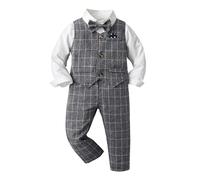 Generisch Conjunto de 4 piezas para caballero para niños pequeños, camisa de manga larga, a cuadros, pantalones, abrigo con corbata, gris oscuro, 2-3 años