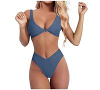Generisch Conjunto de bikini para mujer, color liso, cuello en V, nudo frontal, push-up, tanga de pierna alta, traje de baño de dos piezas, marine, S