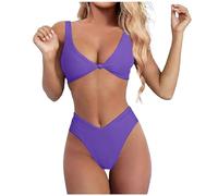 Generisch Conjunto de bikini para mujer, color liso, cuello en V, nudo frontal, push-up, tanga de pierna alta, traje de baño de dos piezas, morado, S