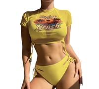 Generisch Conjunto de bikini para mujer con diseño de impresión dividida, traje de playa de tres piezas en moda europea moderna con protección solar de red, amarillo, XL